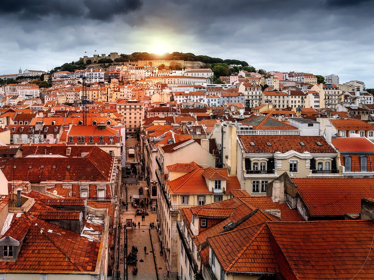 Aerial view of buildings in Lisbon.